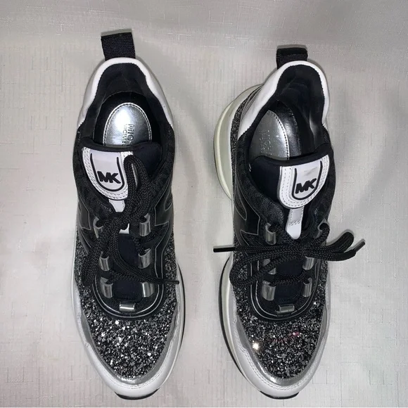 MICHAEL KORS Olympia Glitter Trainer Sneaker Women’s Black Silver 8.5M Lace Up - Picture 11 of 17
